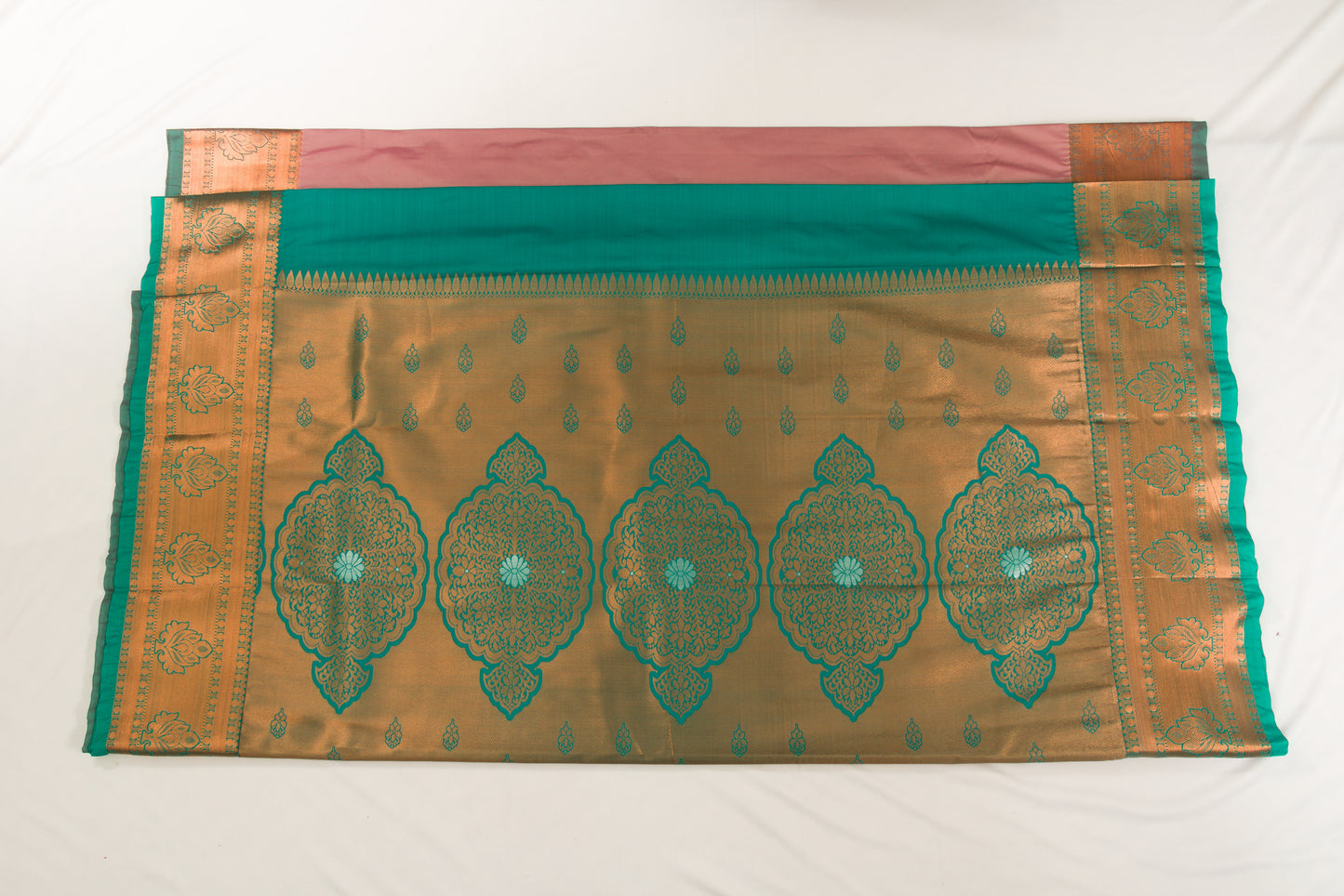 Kanchipuram Pattu Silk Saree – Semi Silk – Pinkish tan body / Medium forest green border with copper zari work - P00123