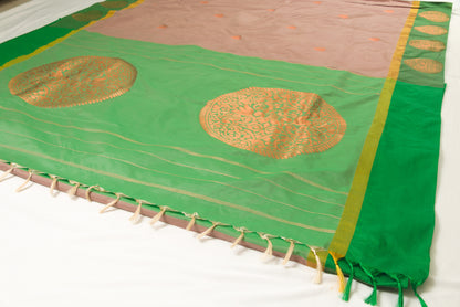 Kanchipuram Pattu Silk Saree – Semi Silk – Pinkish tan body / Medium forest green border with copper zari work - P00123