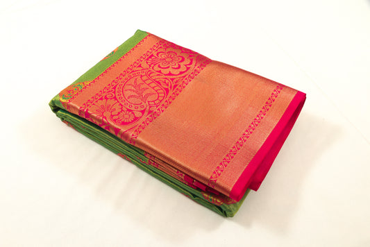 Dharmavaram Pattu Silk Saree – Art Silk – Kuttu style zari bhutta  Olive colored body with big border- P00114