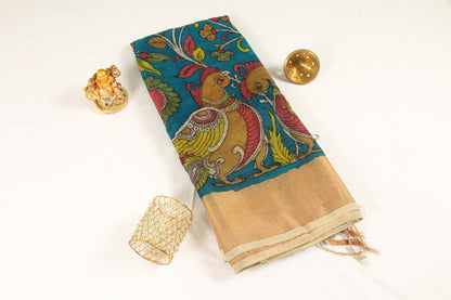 Srikalahasthi Kalamkari handpainted handloom Saree with Mangalagiri Border – Bangalore Silk - P0008