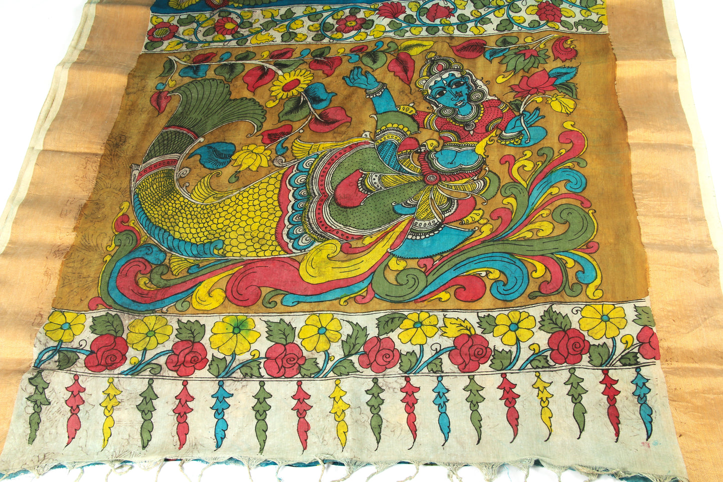 Srikalahasthi Kalamkari handpainted handloom Saree with Mangalagiri Border – Bangalore Silk - P0008