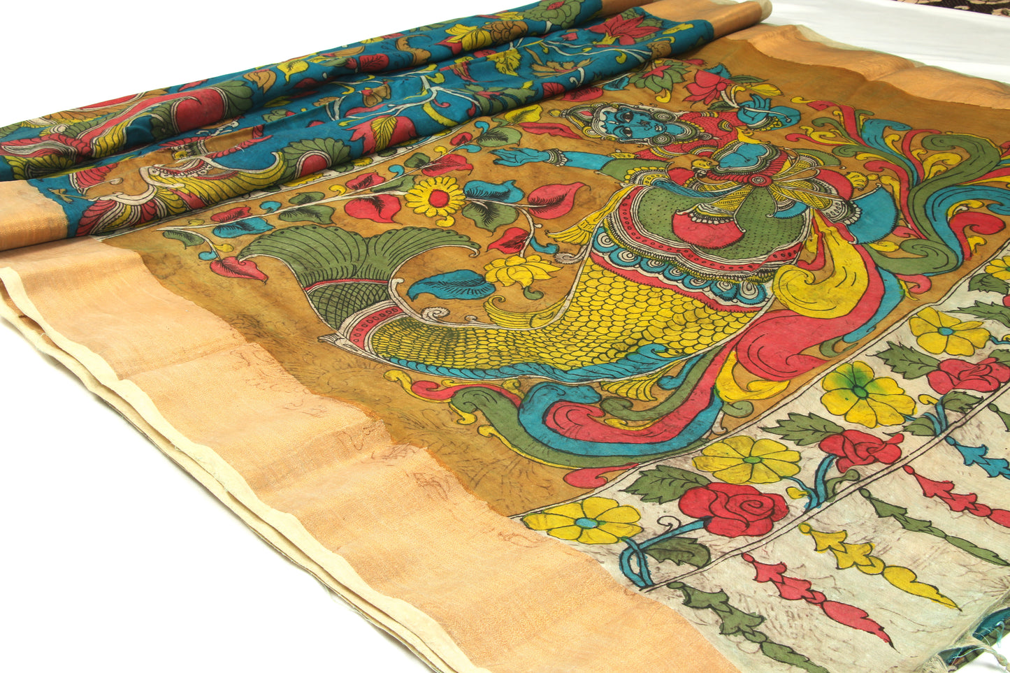 Srikalahasthi Kalamkari handpainted handloom Saree with Mangalagiri Border – Bangalore Silk - P0008