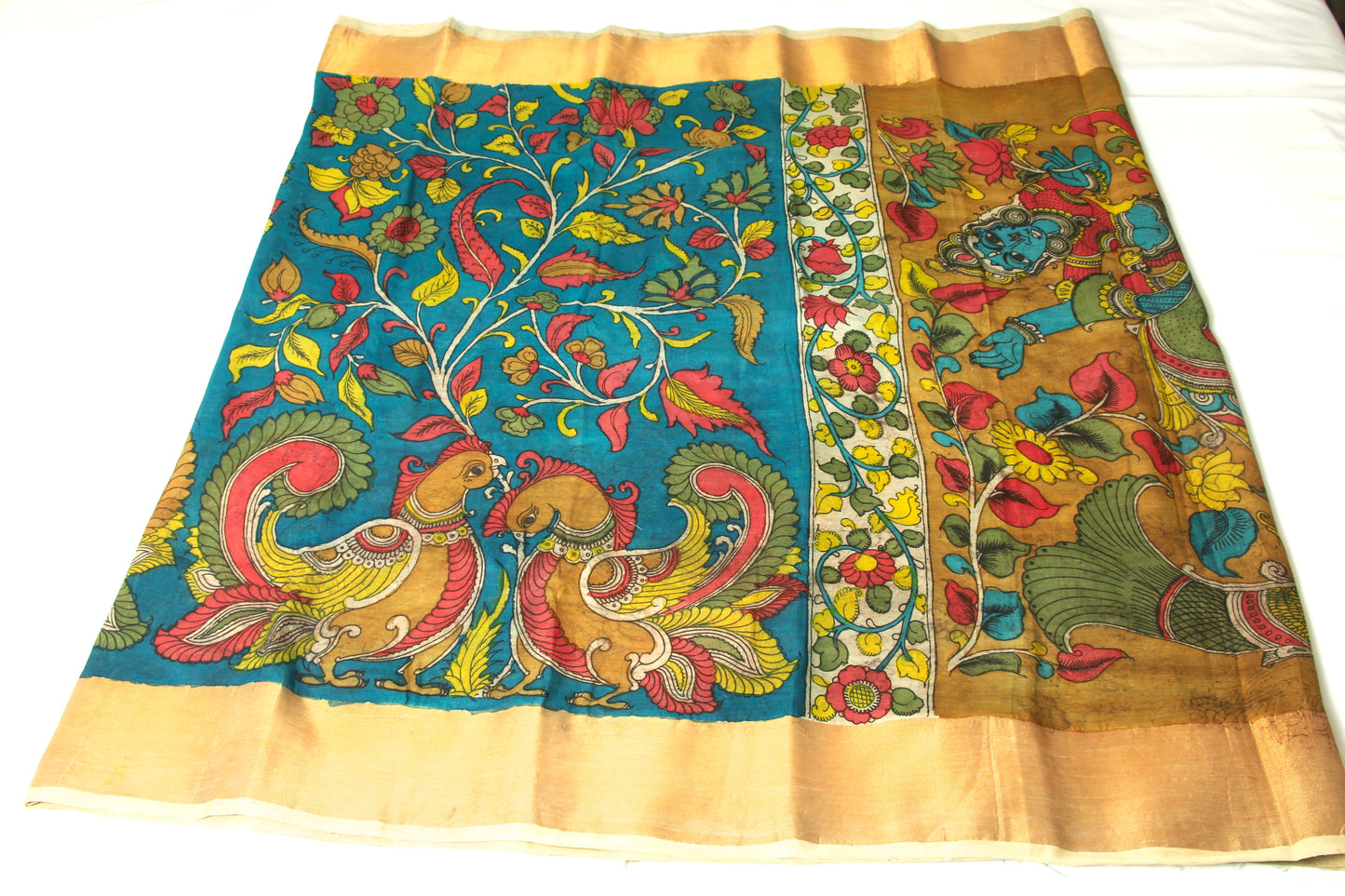 Srikalahasthi Kalamkari handpainted handloom Saree with Mangalagiri Border – Bangalore Silk - P0008