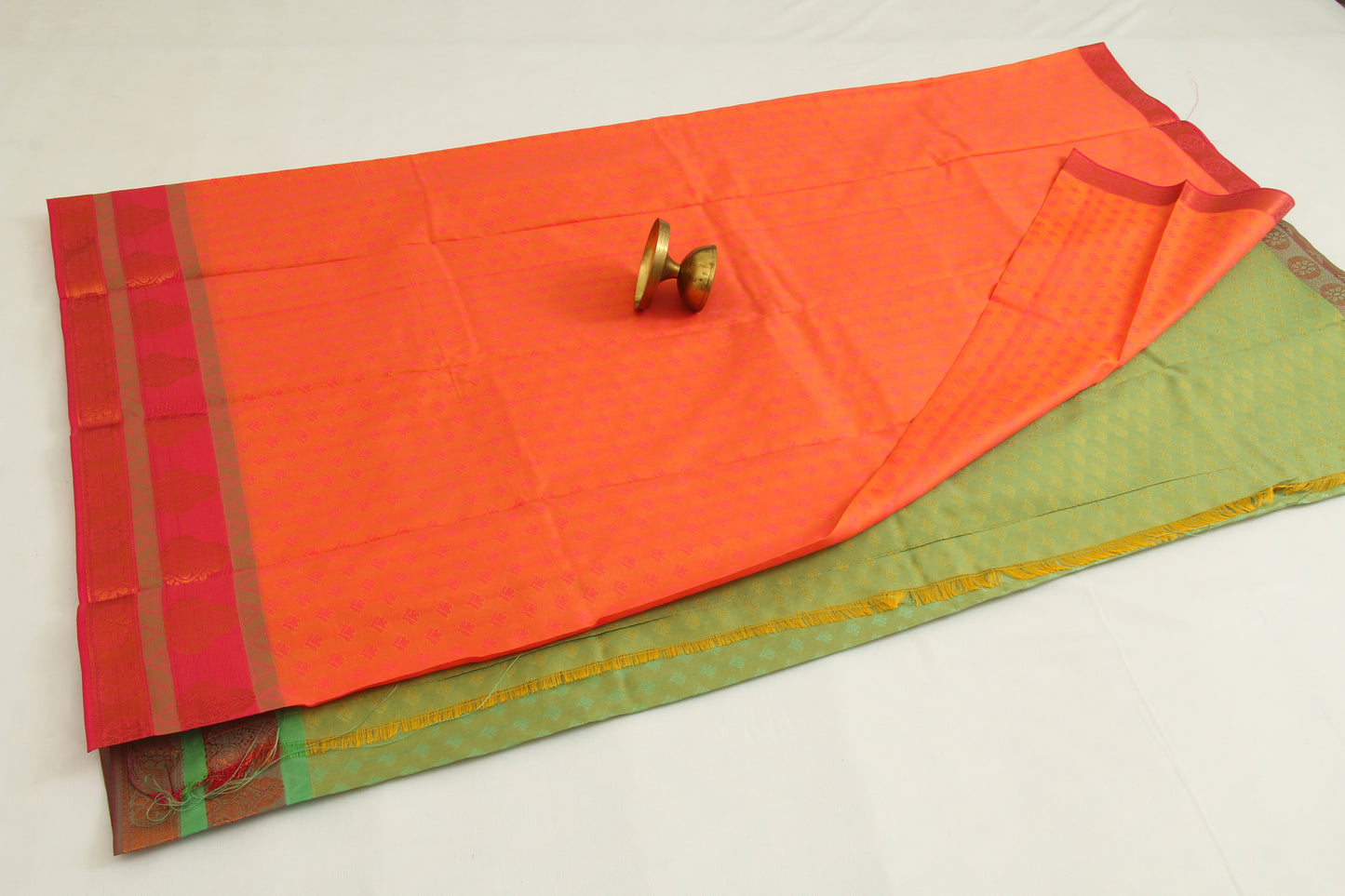 Kanchipuram Pattu Silk Saree – Semi Soft Silk – Light Olive Green body, Burning Orange pallu - Bhutta design- P000144