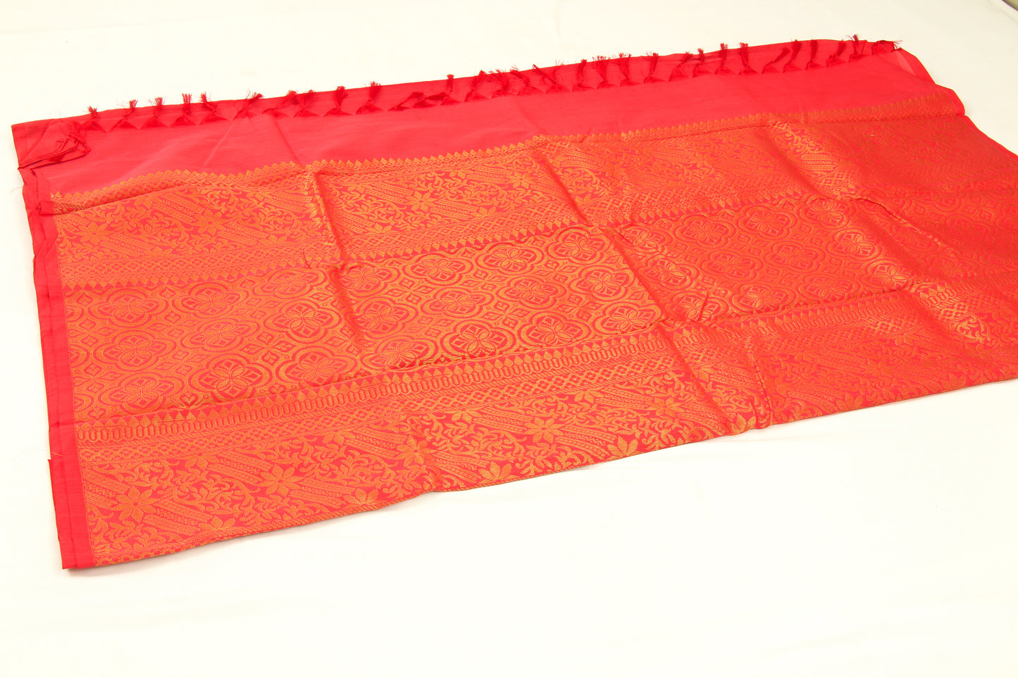 Kanchipuram Pattu Silk Saree – Semi Soft Silk – Bhutta design- Coral Red - Zari work in body and pallu - P00176