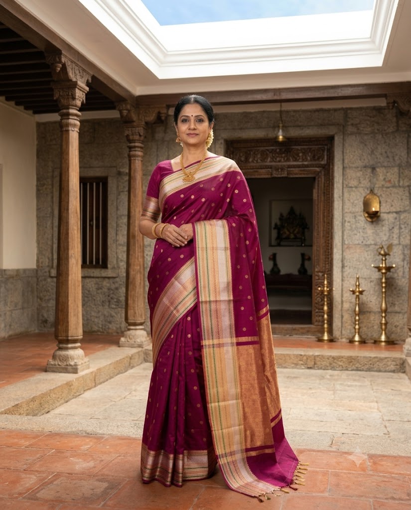 Soft Banarasi Semi Katan saree crafted with intricate gold zari weaving, traditional motifs, and classic Banarasi craftsmanship