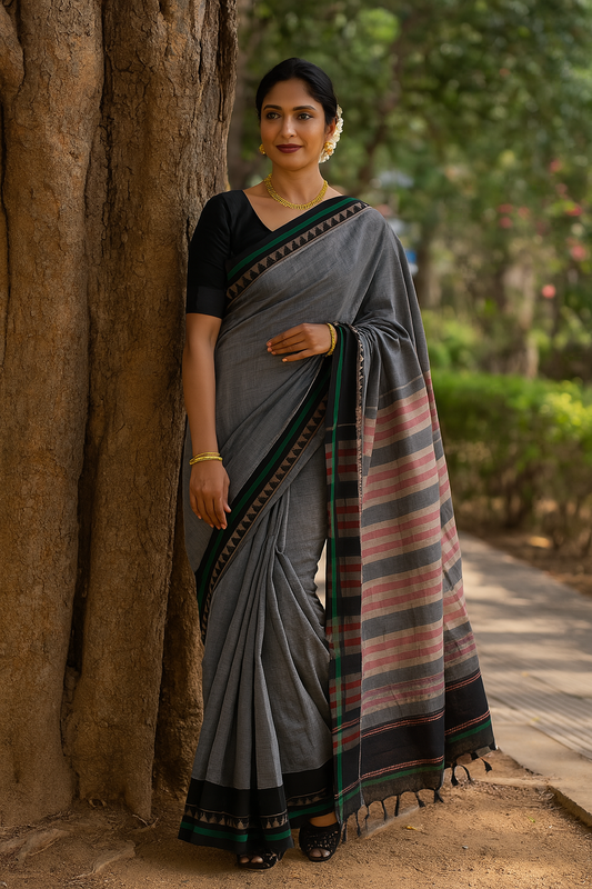 Narayanpet Cotton sarees – Regent Grey - 100% Cotton Sarees – Perfect for all occasions – P000356