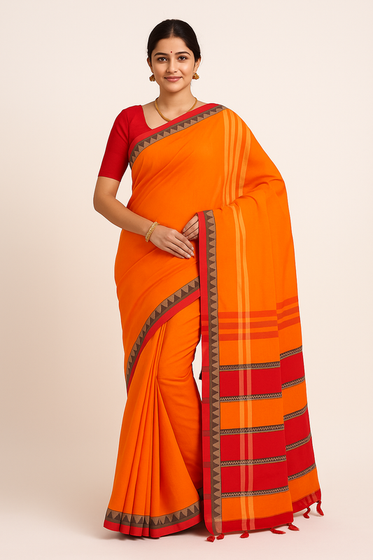Narayanpet Cotton sarees – Orangey Red - 100% Cotton Sarees – Perfect for all occasions – P000358