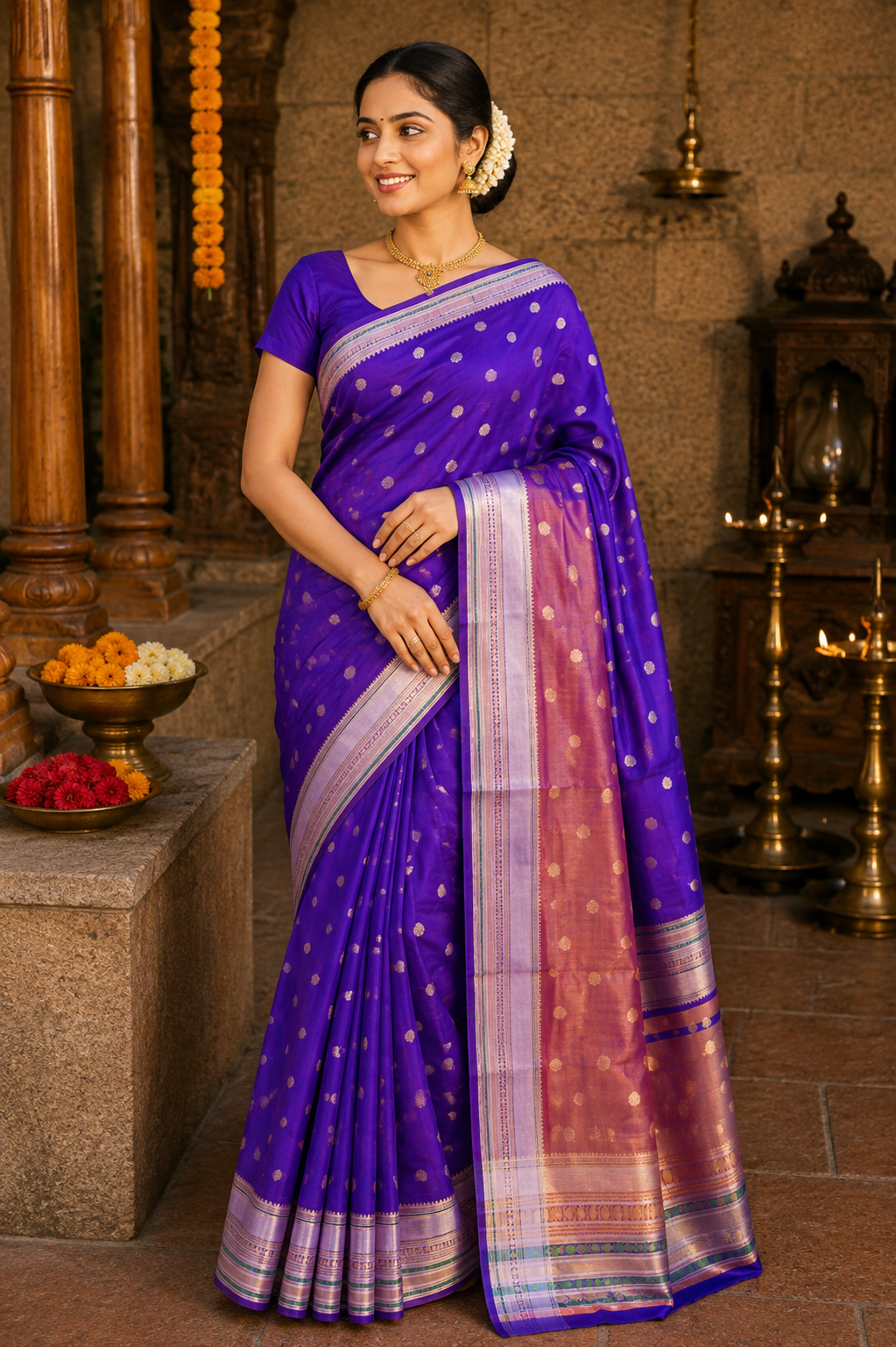 Banarasi Semi Katan Soft Sarees – Daisy Bush – Katan Silk Sarees – Zari work -Bhutta Design - Perfect for all occasions – P000403