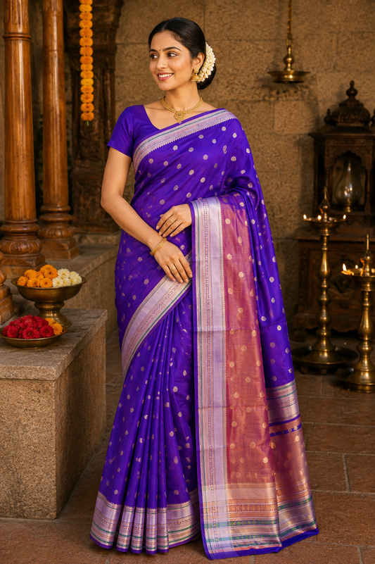 Banarasi Semi Katan Soft Sarees – Daisy Bush – Katan Silk Sarees – Zari work -Bhutta Design - Perfect for all occasions – P000403