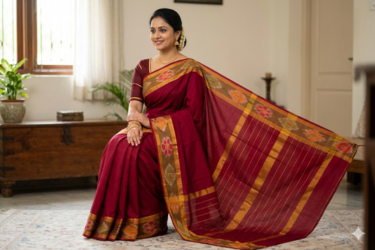 Venkatagiri cotton saree in vivid burgundy