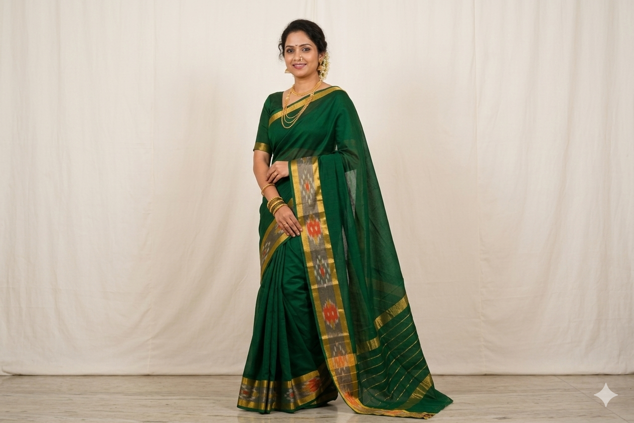 Green Venkatagiri cotton saree with traditional ikat border