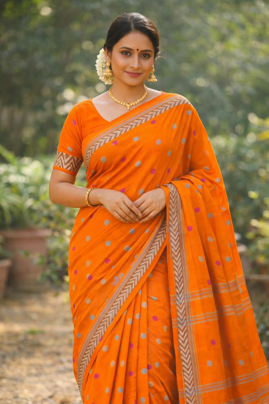 Venkatagiri cotton saree in bright orange with multicolor bhutta motifs 
