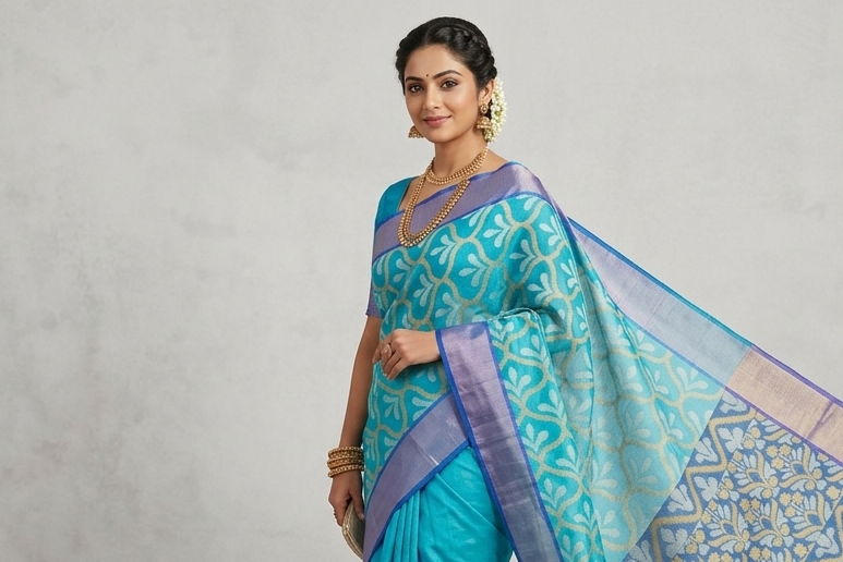Woman wearing a turquoise and blue saree with a white background