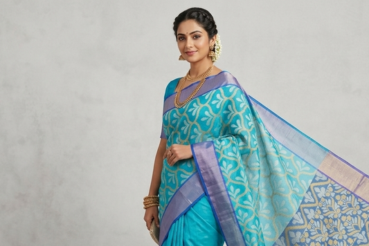 Woman wearing a turquoise and blue saree with a white background