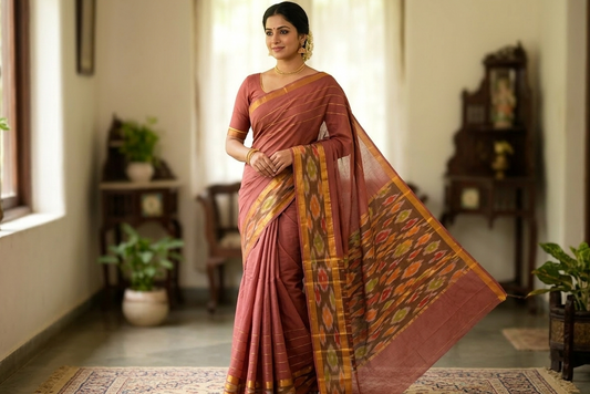 Maroon Venkatagiri cotton saree with traditional ikat border