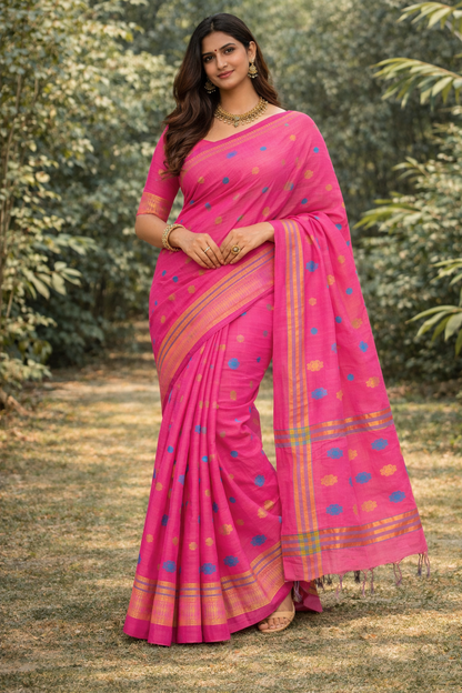 Pink Venkatagiri cotton saree with multicolor bhutta motifs