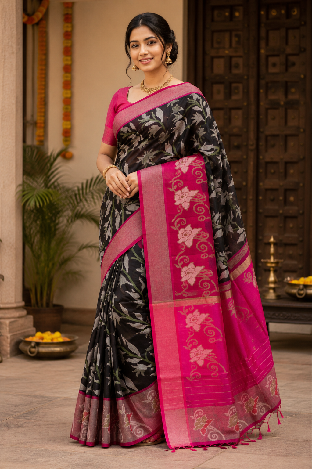 Woman wearing a black and pink saree with floral patterns indoors.