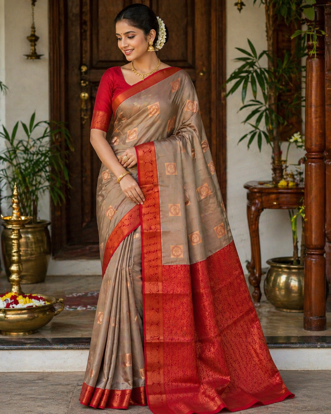 Kanchipuram Pattu Silk Saree – Semi Silk –Box Bhutta Saree- P00136