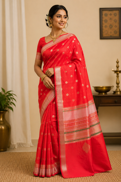 Banarasi Semi Katan Soft Sarees – Red Orange – Katan Silk Sarees – Zari work -Bhutta Design - Perfect for all occasions – P000404