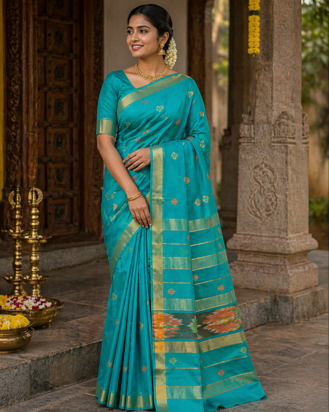 Venkatagiri cotton saree in Pacific Blue with multicolor bhutta motifs 