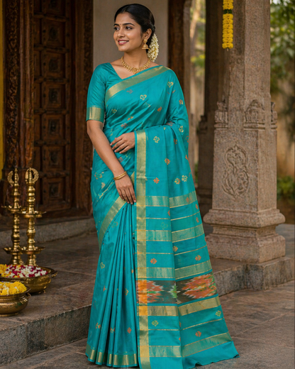 Venkatagiri cotton saree in Pacific Blue with multicolor bhutta motifs 