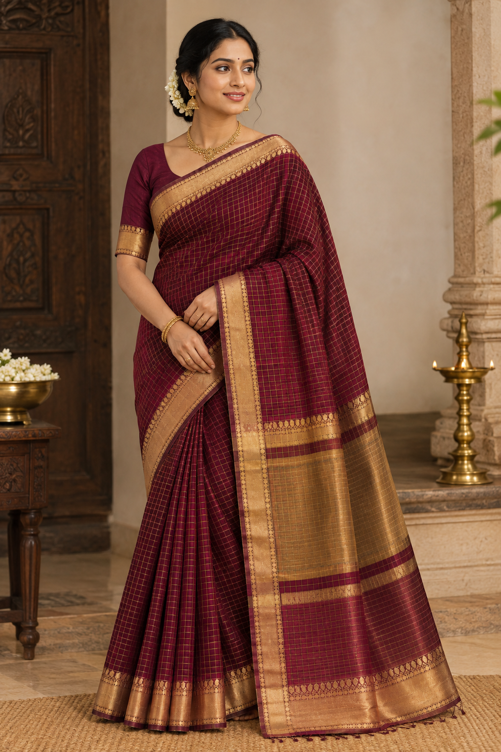 Wine Berry Banarasi Semi Katan saree with delicate gold zari butis, stylish check pallu, and matching blouse material