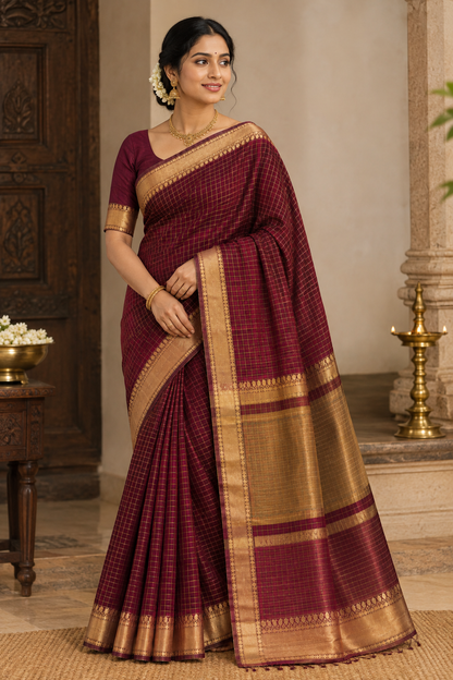 Wine Berry Banarasi Semi Katan saree with delicate gold zari butis, stylish check pallu, and matching blouse material