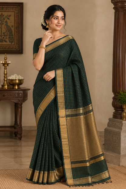 Authentic Banarasi Semi Katan silk blend saree featuring gold zari woven butis and an elegant check pallu design