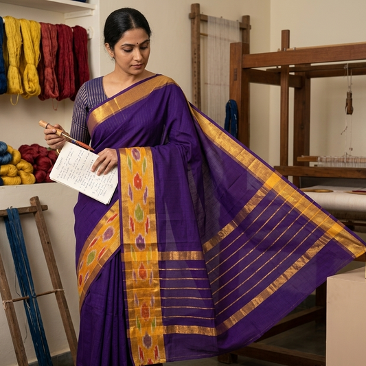 Violet Venkatagiri cotton saree with traditional ikat border