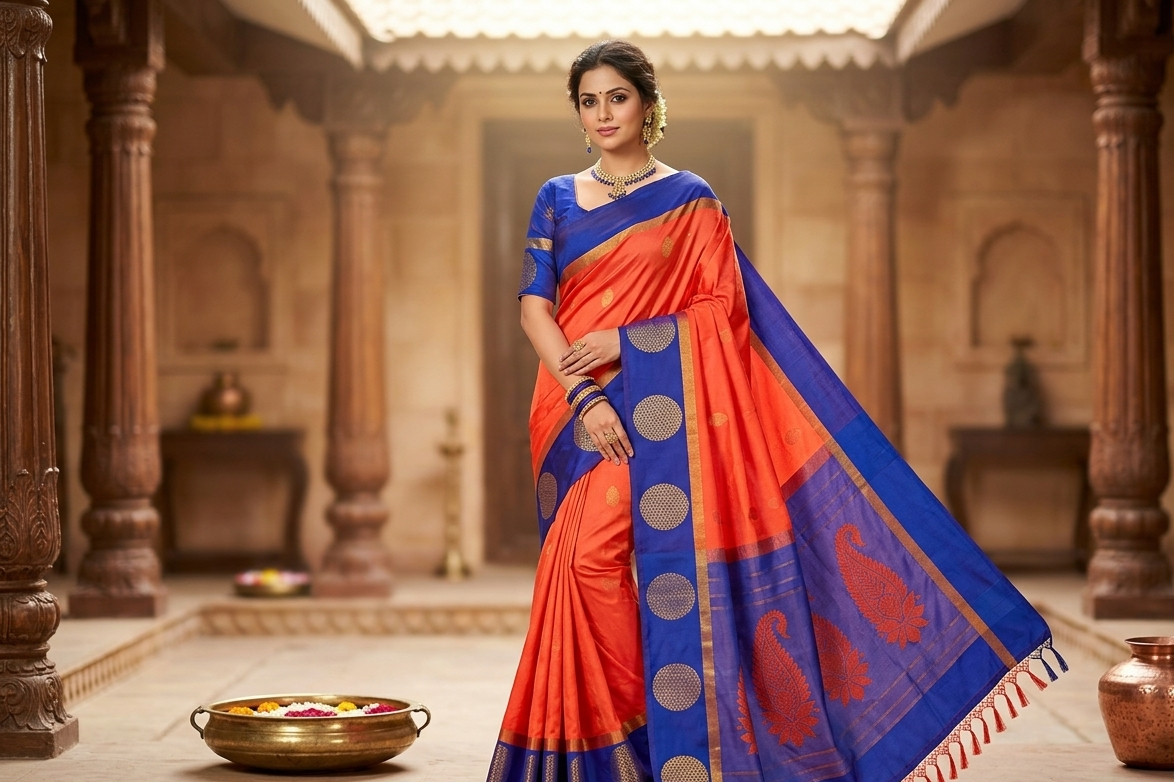 Kanchipuram Pattu Silk Saree – Semi Silk – Portland orange body / grape color border with copper rust zari work - P00124