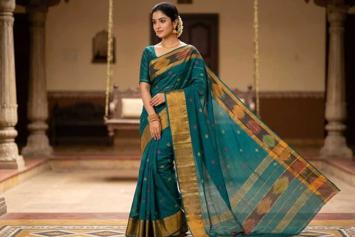 Blue Venkatagiri cotton saree with traditional ikat border