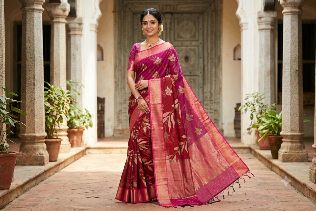 Traditional Telangana handloom saree with detailed Ikat weaving and rich contrast border 