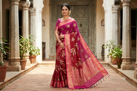 Traditional Telangana handloom saree with detailed Ikat weaving and rich contrast border 