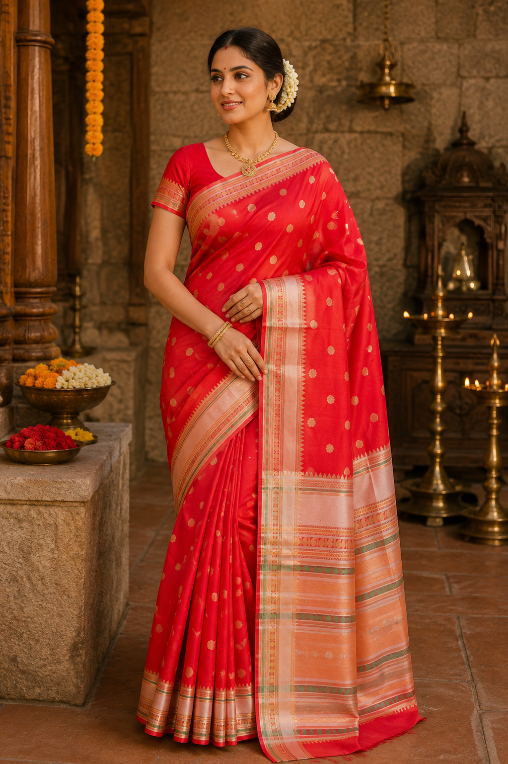 Banarasi Semi Katan Soft Sarees – Cool Red – Katan Silk Sarees – Zari work -Bhutta Design - Perfect for all occasions – P000401