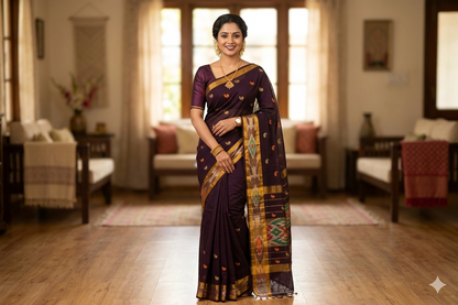 Brown Venkatagiri cotton saree with traditional ikat border