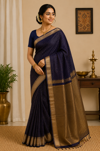 Banarasi Semi Katan Soft Sarees – Bluish purple – Katan Silk Sarees – Gold zari weaving all over New Check pettern designs - P000406