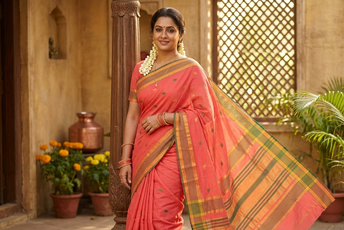 Handloom Venkatagiri saree in bean red with geometric border and buttas 