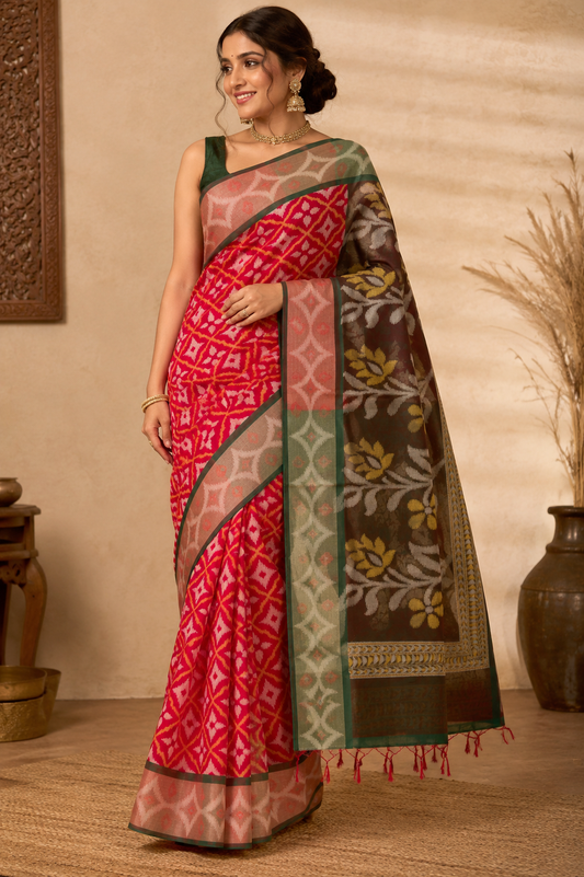 Colorful ethnic saree with handcrafted Ikat patterns and decorative woven border 