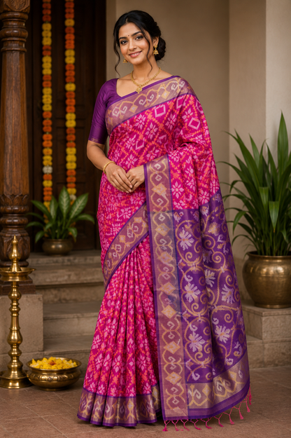 Traditional Indian handloom saree with blue geometric body and floral border 
