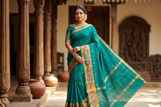 Venkatagiri cotton saree in Dark Cyan with multicolor bhutta motifs