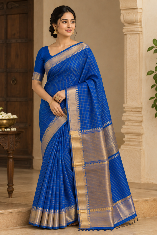 Banarasi Semi Katan Saree in Bluish purple with gold zari woven buti motifs, elegant check pallu, and matching blouse material