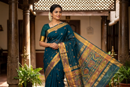 Nile Blue Venkatagiri cotton saree with woven bhutta motifs and contrast pallu