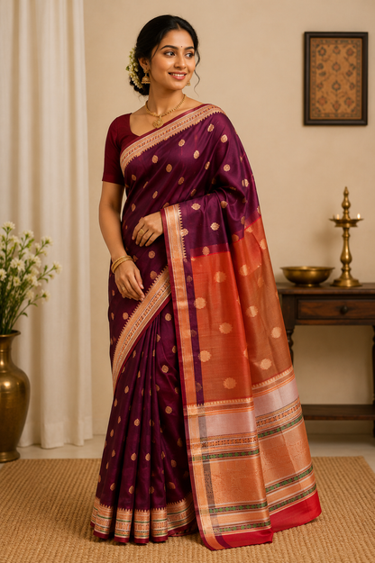 Banarasi Semi Katan Soft Sarees – Dark Raspberry – Katan Silk Sarees – Zari work -Bhutta Design - Perfect for all occasions – P000405