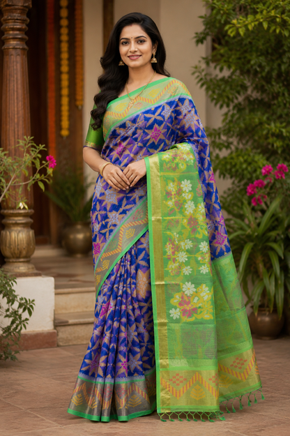 Traditional Telangana handloom saree with detailed Ikat weaving and rich contrast border 