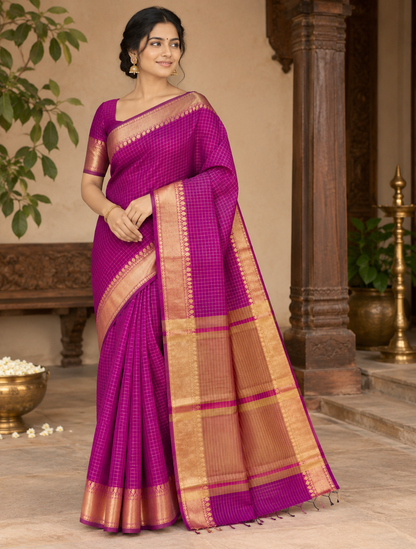 Banarasi Semi Katan Soft Sarees – Red Violet – Katan Silk Sarees – Gold zari weaving all over New Check pettern designs - P000410