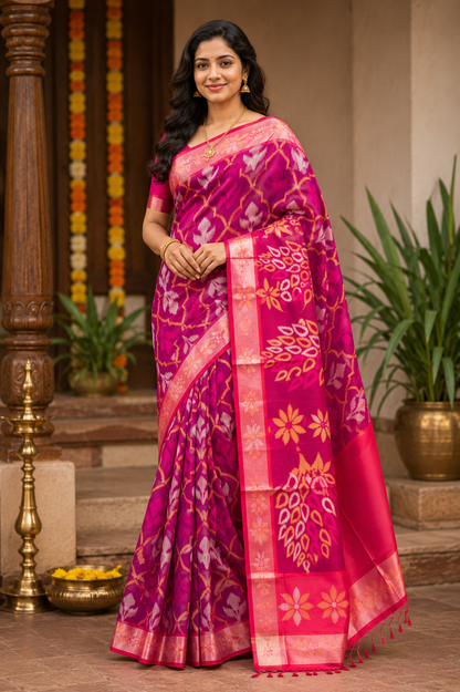 Bright Pochampally Ikat saree with traditional geometric weaving patterns Red and pink