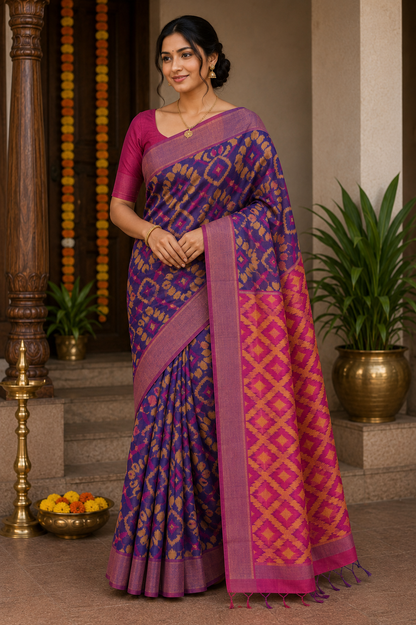 Bright Pochampally Ikat saree with traditional geometric weaving patterns blue and pink