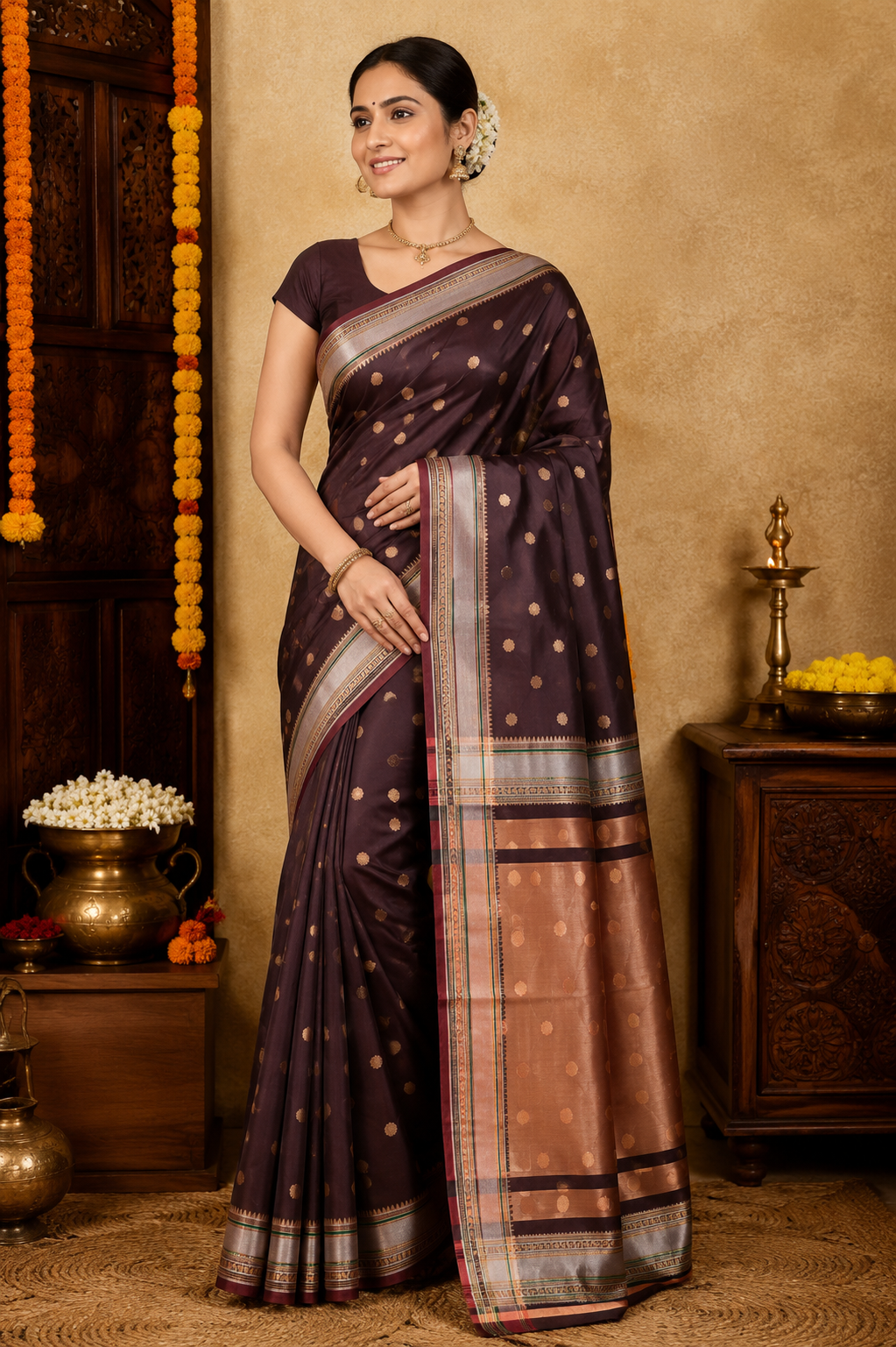 Banarasi Semi Katan Saree in Woody Brown with gold zari woven buti motifs, elegant check pallu, and matching blouse material
