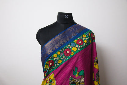 Srikalahasthi Kalamkari handpainted handloom Dupattah with Mangalagiri border – Bangalore Silk-P0003